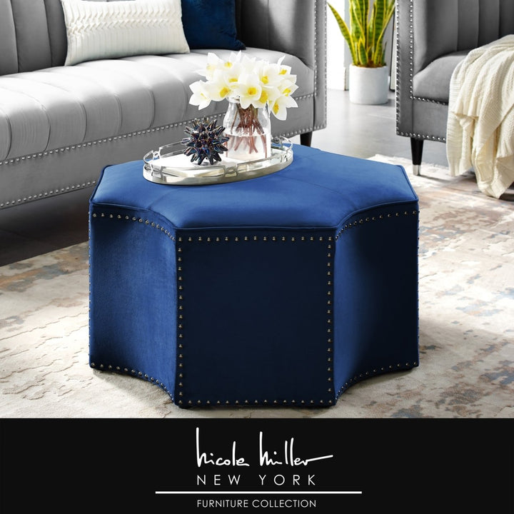 Nicole Miller Octagon Cocktail Ottoman Velvet Chrome Nailhead Trim 33x38 Image 5