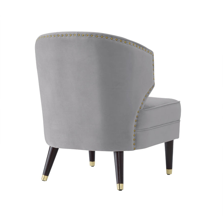 Nicole Miller Trung Velvet Accent Chair-Channel Tufted Back-Cherry Legs-Gold Metal Tip -Nailheads Image 5