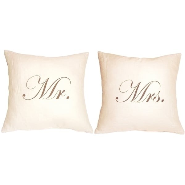 Pillow Decor Mr and Mrs 18x18 Linen Pillow Set Cream Vintage Style Decorative Image 1