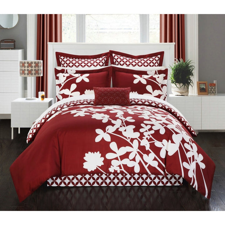 7 Piece Sire Reversible large scale floral design printed with diamond pattern reverse Comforter Image 1