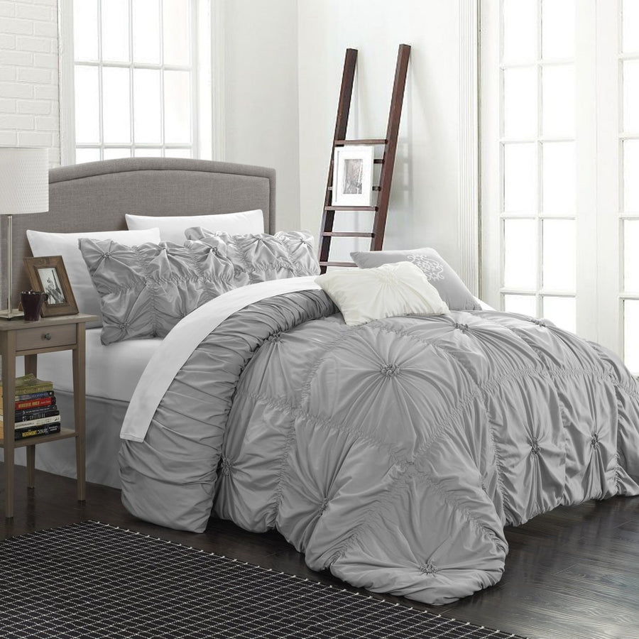 Hilton 10 Piece Comforter Set Floral Pinch Pleated Ruffled Designer Embellished Bed in a Bag Bedding Image 1