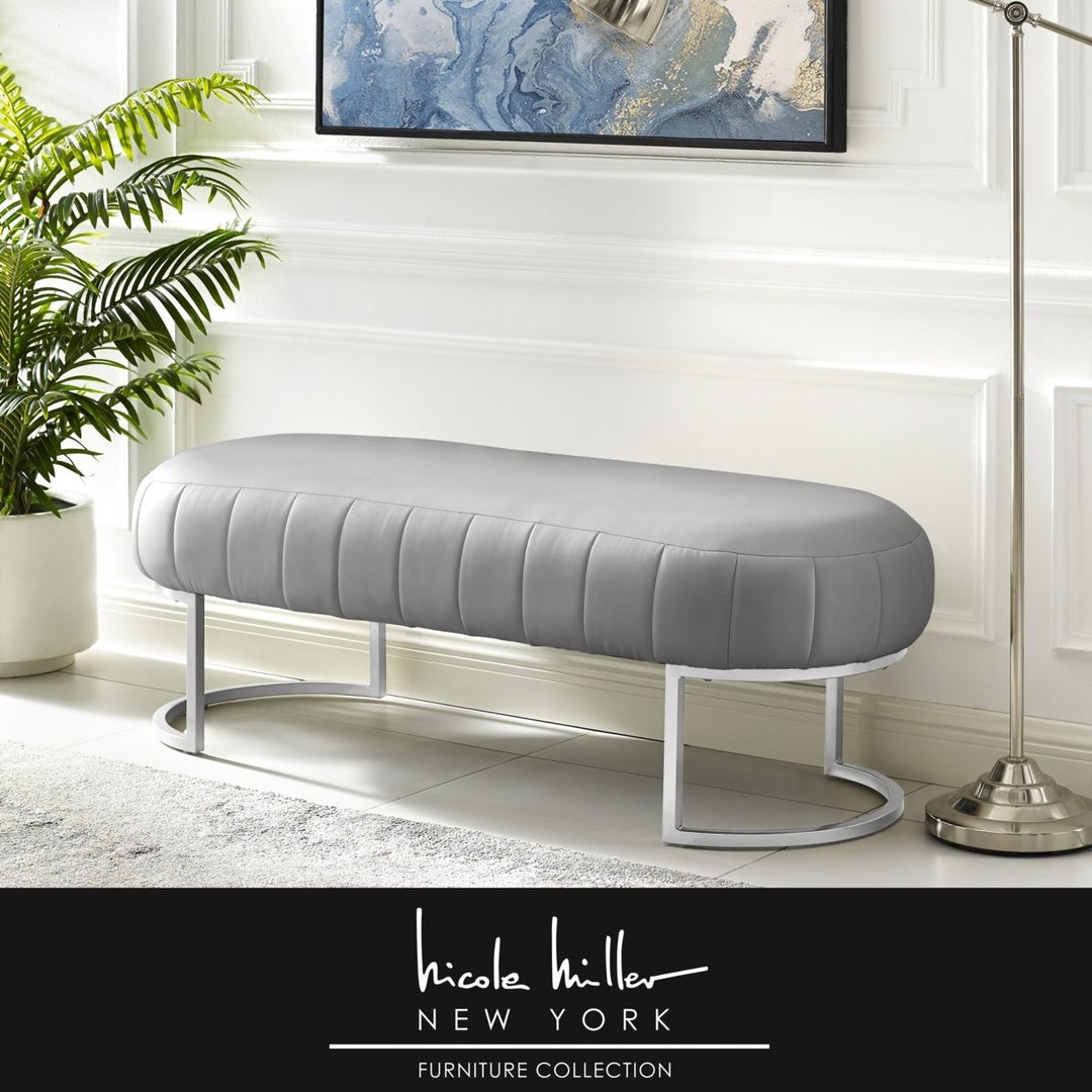 Nicole Miller Bench Upholstered Channel Tufted Metal Base 53in Modern Gray Image 1