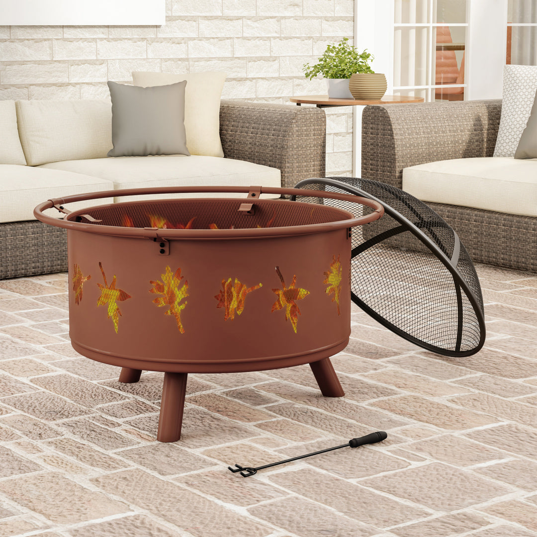Outdoor Deep Fire Pit- Round Large Steel Bowl with Leaf Cutouts, Mesh Spark Screen, Log Poker and Storage Cover Image 1