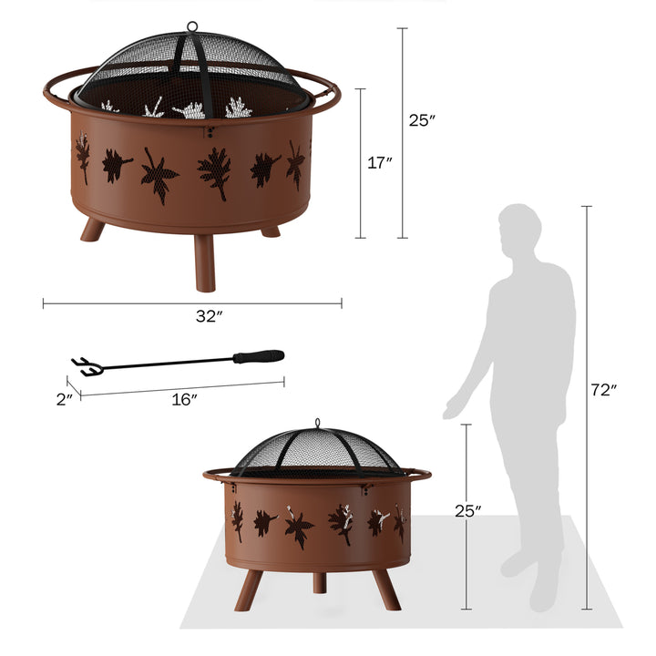 Outdoor Deep Fire Pit- Round Large Steel Bowl with Leaf Cutouts, Mesh Spark Screen, Log Poker and Storage Cover Image 2