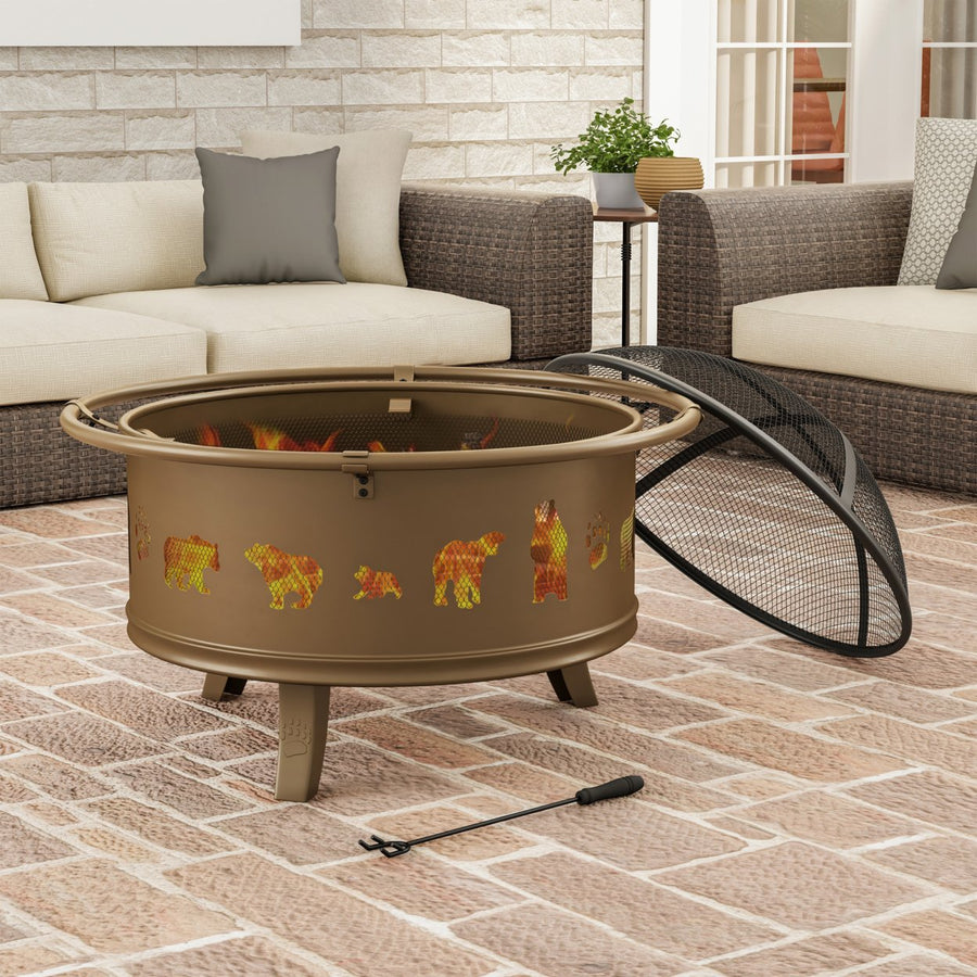 Outdoor Deep Fire Pit- Round Large Steel Bowl with Bear Cutouts, Mesh Spark Screen, Log Poker and Storage Cover Image 1