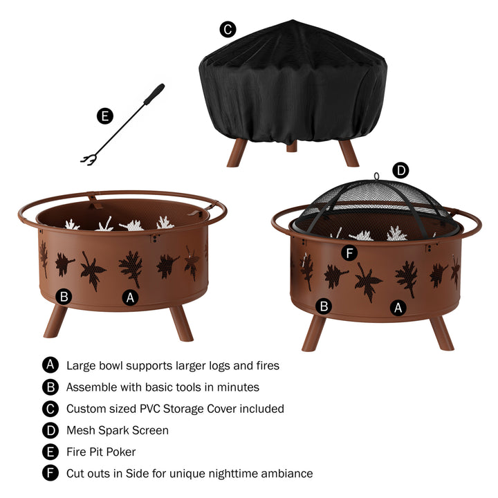 Outdoor Deep Fire Pit- Round Large Steel Bowl with Leaf Cutouts, Mesh Spark Screen, Log Poker and Storage Cover Image 3