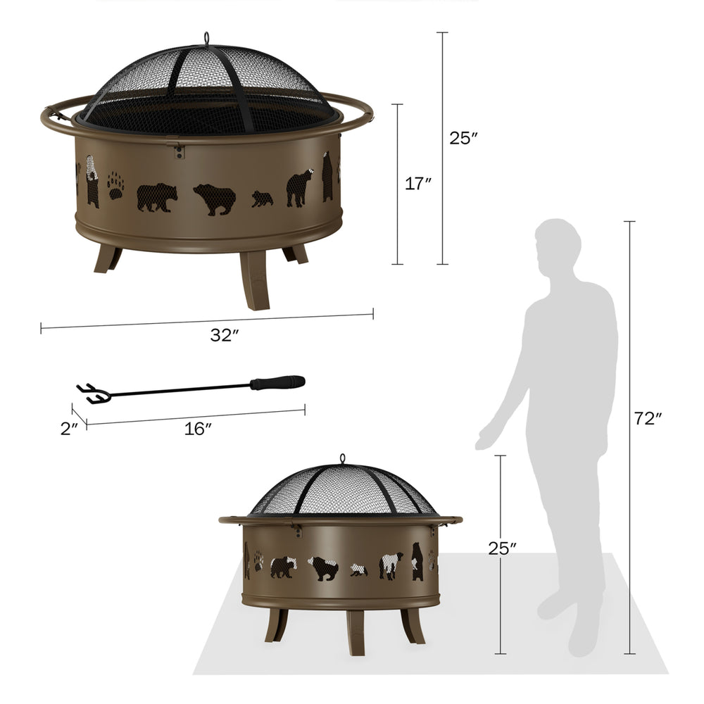 Outdoor Deep Fire Pit- Round Large Steel Bowl with Bear Cutouts, Mesh Spark Screen, Log Poker and Storage Cover Image 2