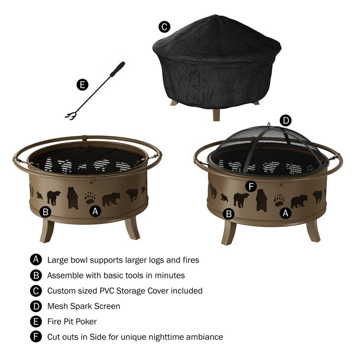 Outdoor Deep Fire Pit- Round Large Steel Bowl with Bear Cutouts, Mesh Spark Screen, Log Poker and Storage Cover Image 3