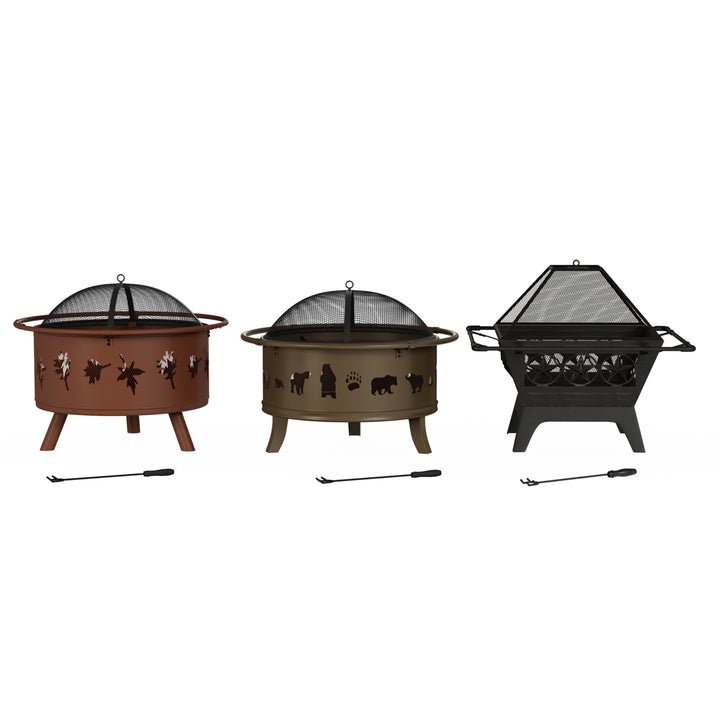 Outdoor Deep Fire Pit- Round Large Steel Bowl with Leaf Cutouts, Mesh Spark Screen, Log Poker and Storage Cover Image 6