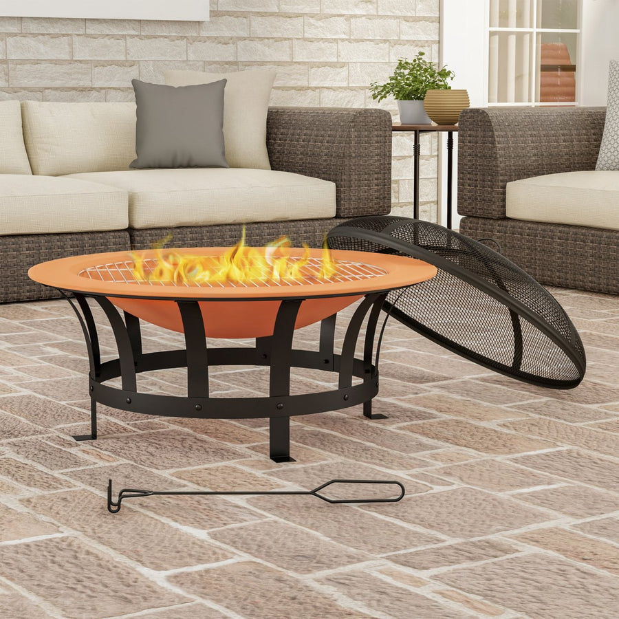 Outdoor Deep Fire Pit- Round Large Copper Colored Steel Bowl, Mesh Spark Screen, Log Poker and Grilling Grate Image 1