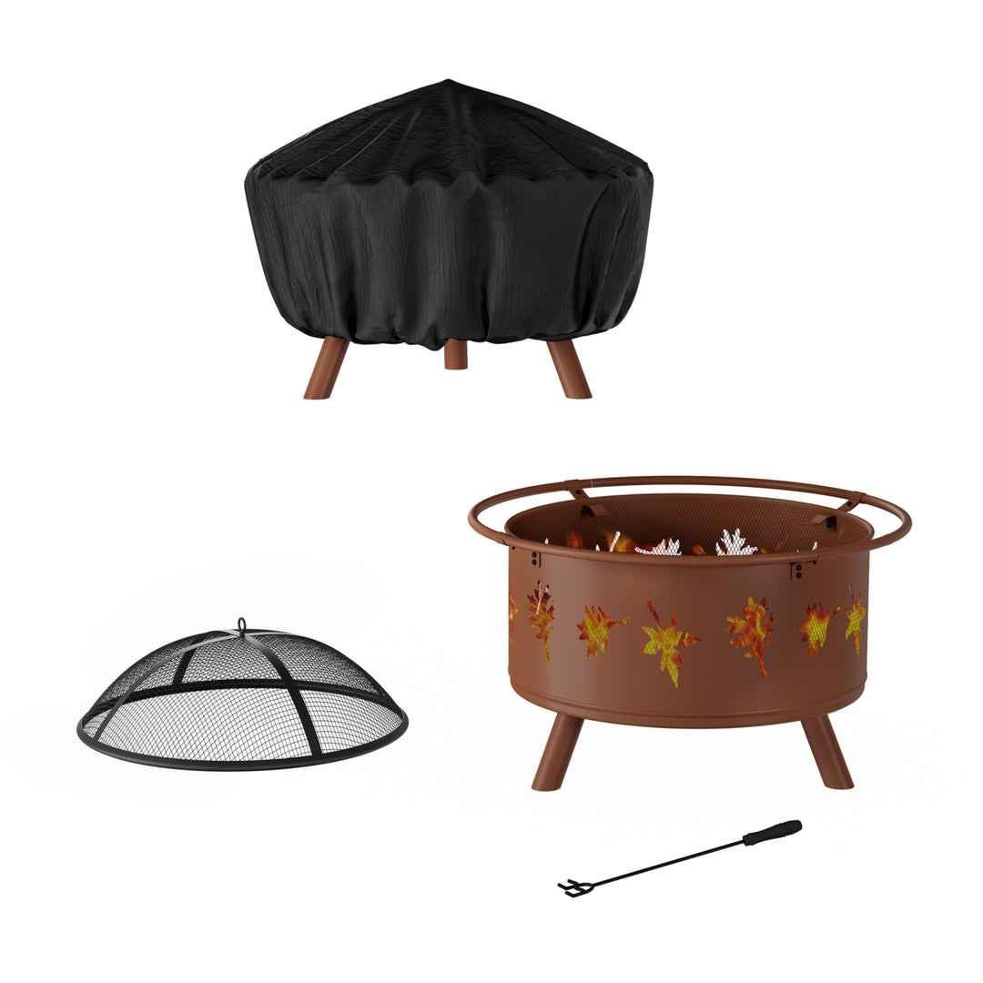 Outdoor Deep Fire Pit- Round Large Steel Bowl with Leaf Cutouts, Mesh Spark Screen, Log Poker and Storage Cover Image 7