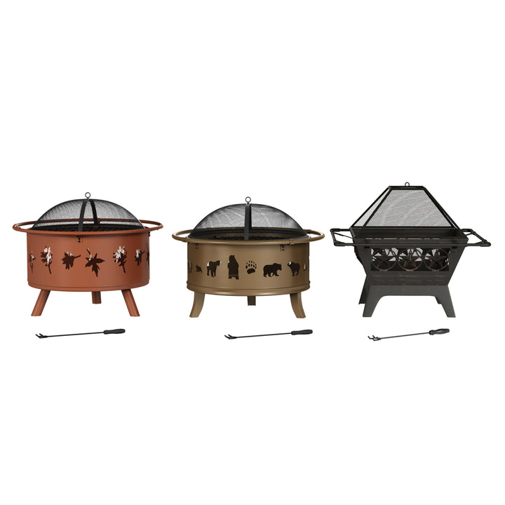 Outdoor Deep Fire Pit- Round Large Steel Bowl with Bear Cutouts, Mesh Spark Screen, Log Poker and Storage Cover Image 6