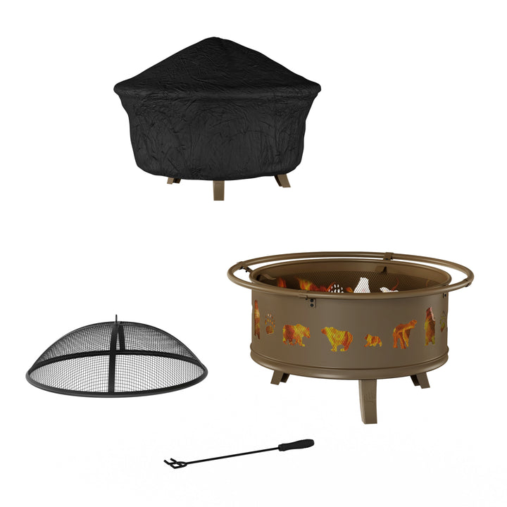 Outdoor Deep Fire Pit- Round Large Steel Bowl with Bear Cutouts, Mesh Spark Screen, Log Poker and Storage Cover Image 7