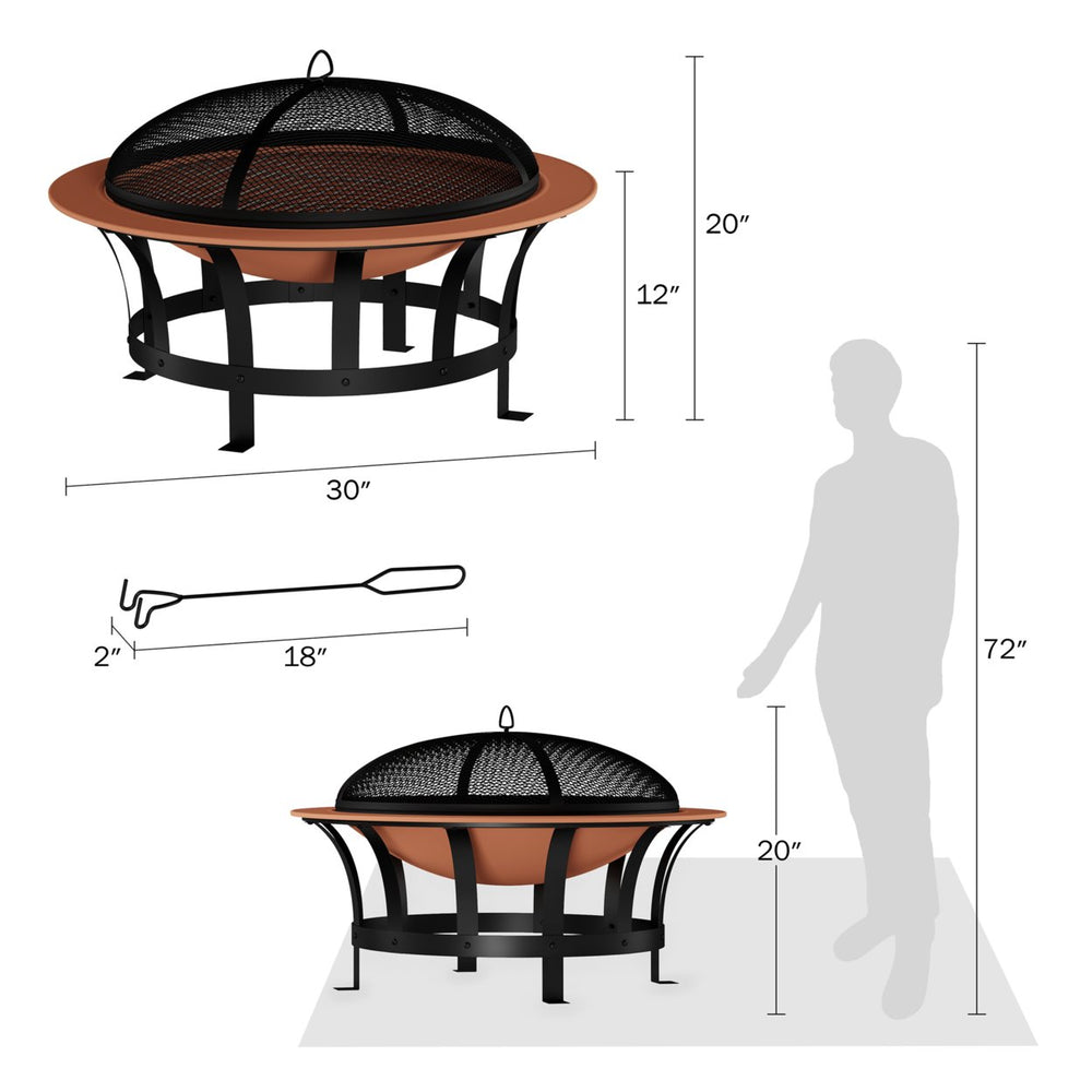 Outdoor Deep Fire Pit- Round Large Copper Colored Steel Bowl, Mesh Spark Screen, Log Poker and Grilling Grate Image 2