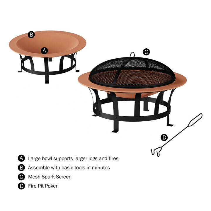 Outdoor Deep Fire Pit- Round Large Copper Colored Steel Bowl, Mesh Spark Screen, Log Poker and Grilling Grate Image 3