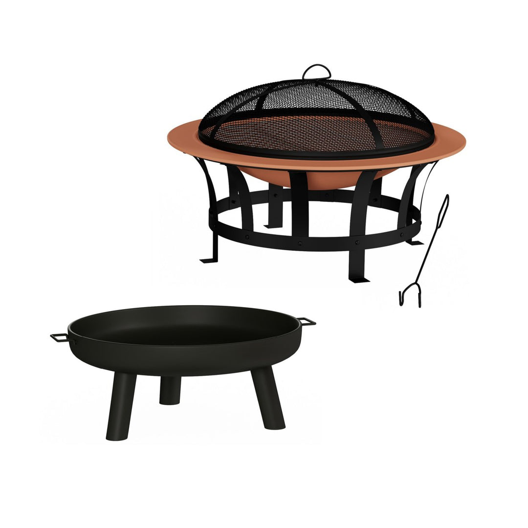 Outdoor Deep Fire Pit- Round Large Copper Colored Steel Bowl, Mesh Spark Screen, Log Poker and Grilling Grate Image 6