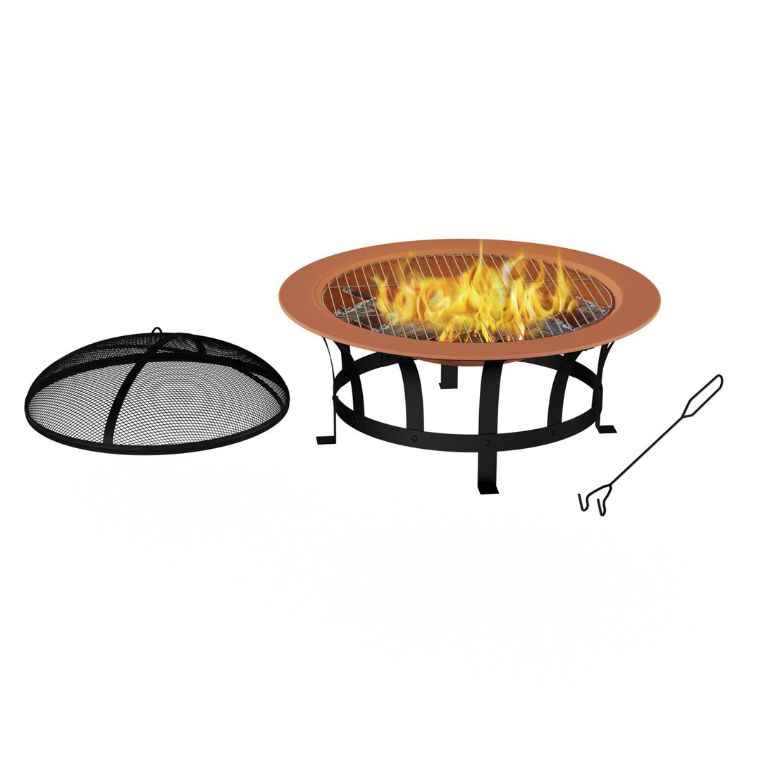 Outdoor Deep Fire Pit- Round Large Copper Colored Steel Bowl, Mesh Spark Screen, Log Poker and Grilling Grate Image 7