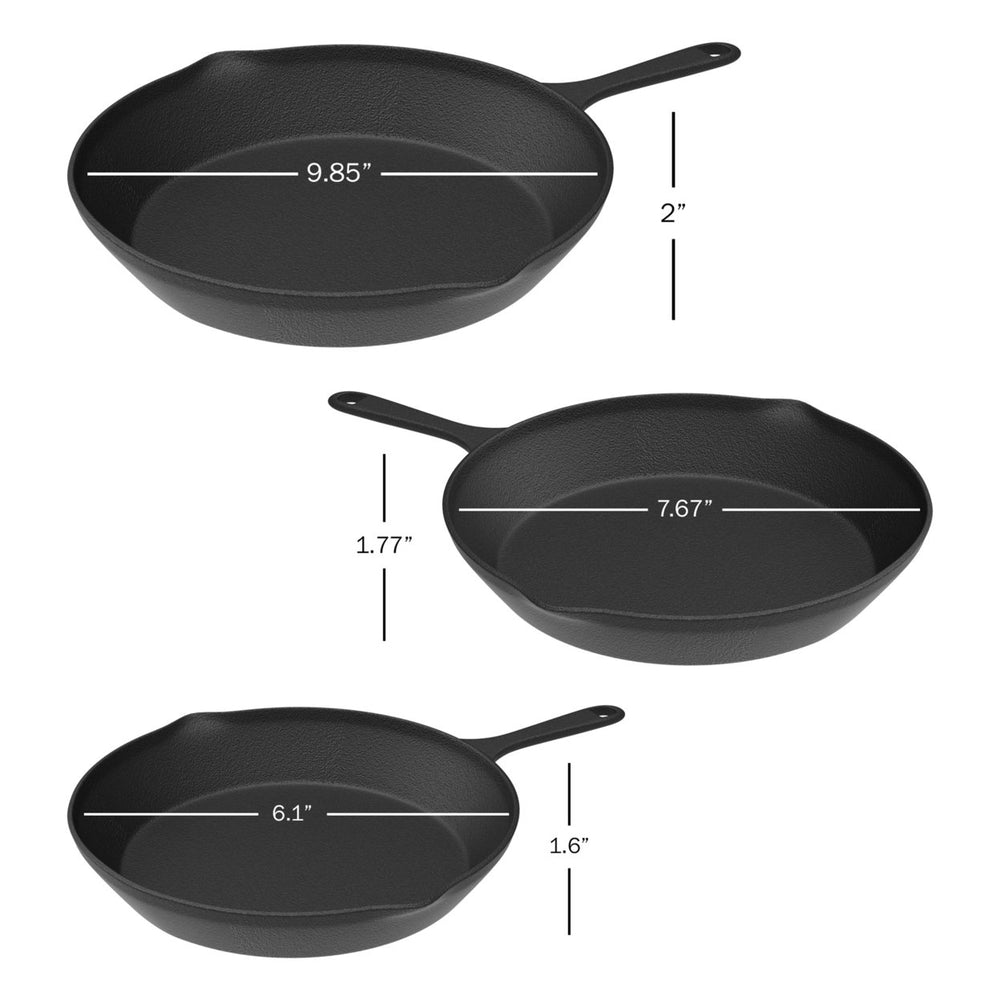 Frying Pans-Set of 3 Matching Cast Iron Pre-Seasoned Nonstick Skillets 6, 8, 10 Inch Cook Eggs, Meat and More Image 2