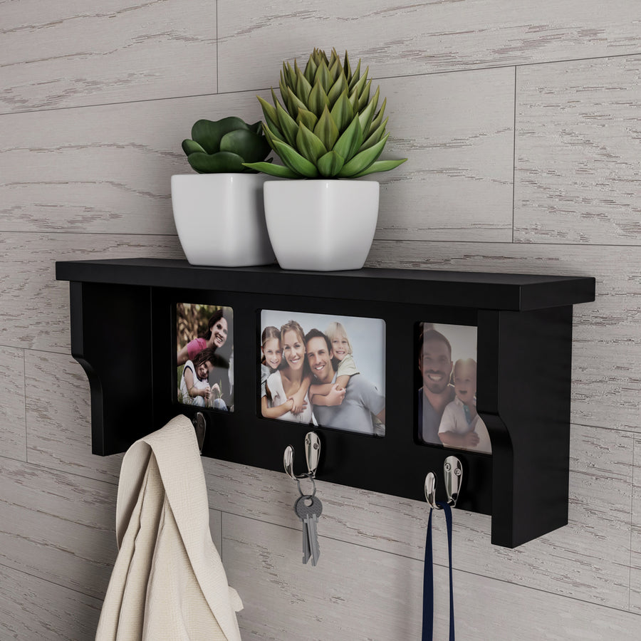 Black Wall Shelf and Picture Collage Ledge and 3 Hanging Hooks- Photo Frame Decor Shelving with Modern Look, Holds 3 Image 1