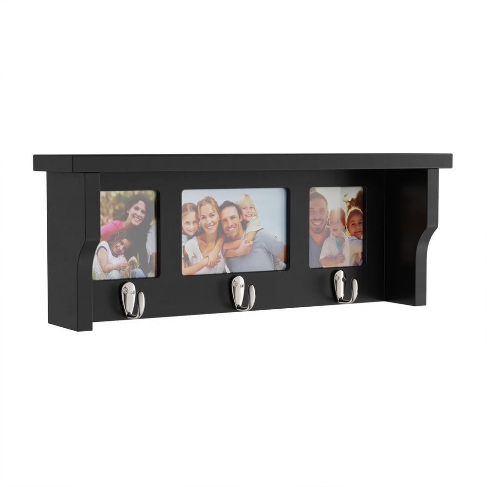 Black Wall Shelf and Picture Collage Ledge and 3 Hanging Hooks- Photo Frame Decor Shelving with Modern Look, Holds 3 Image 2