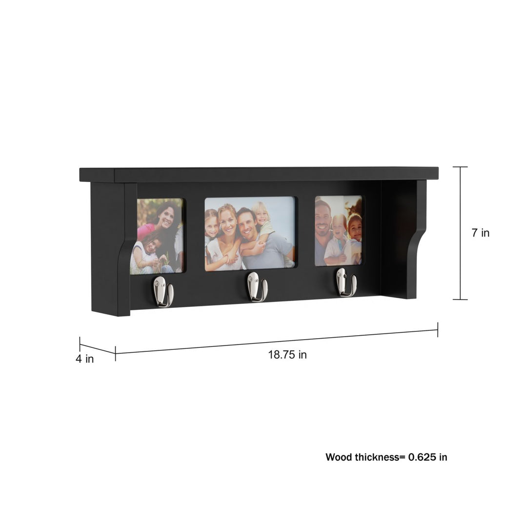 Black Wall Shelf and Picture Collage Ledge and 3 Hanging Hooks- Photo Frame Decor Shelving with Modern Look, Holds 3 Image 3