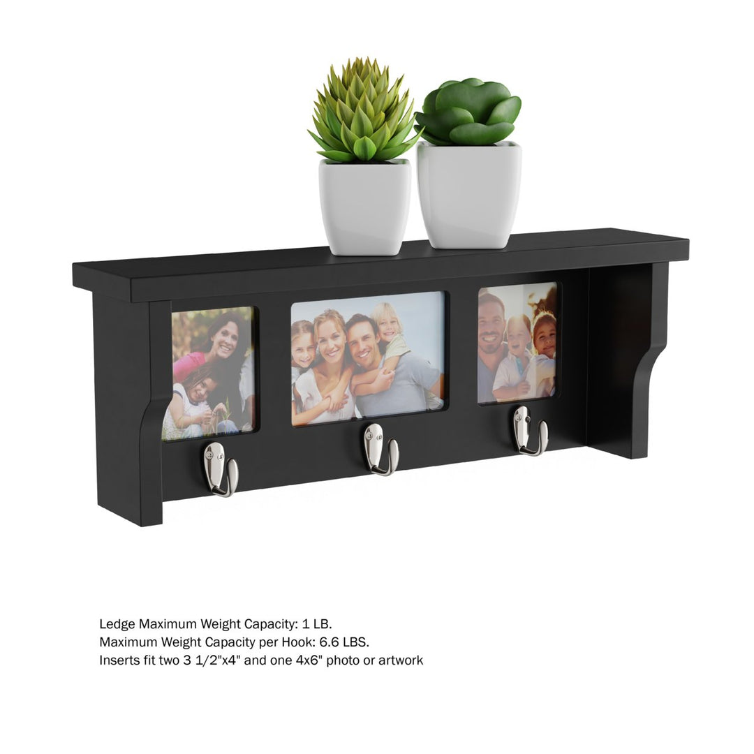 Black Wall Shelf and Picture Collage Ledge and 3 Hanging Hooks- Photo Frame Decor Shelving with Modern Look, Holds 3 Image 4