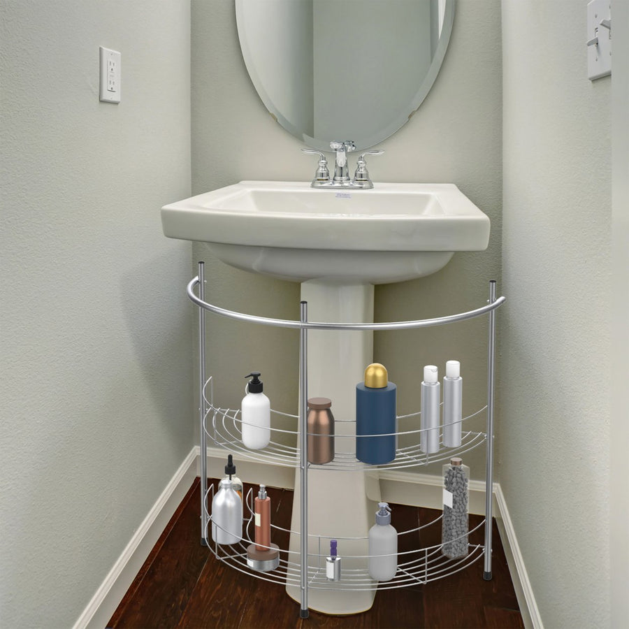 Pedestal Sink Organizer Compact Under Sink Rack 2 Shelves Towel Holder Chrome Image 1