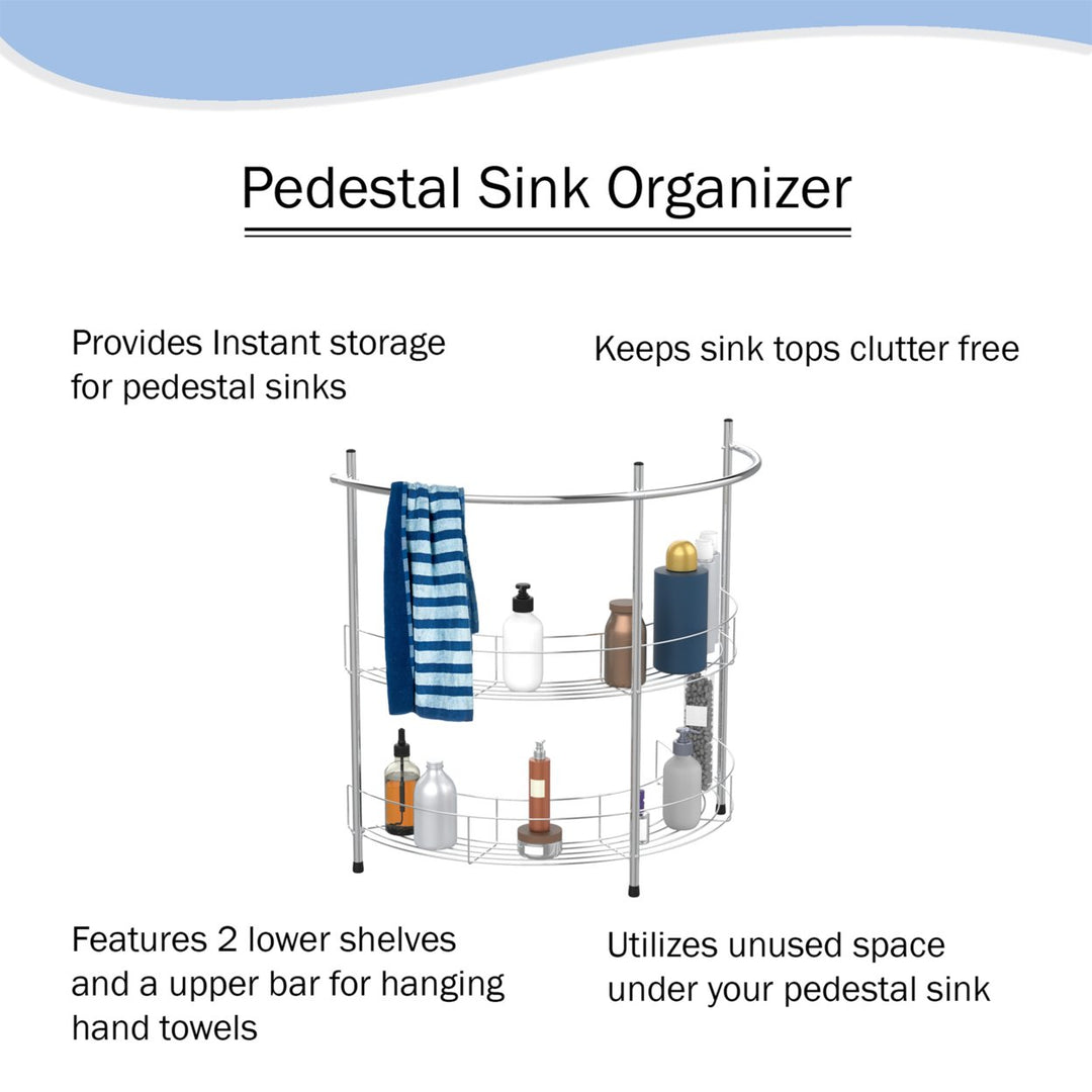 Pedestal Sink Organizer Compact Under Sink Rack 2 Shelves Towel Holder Chrome Image 3