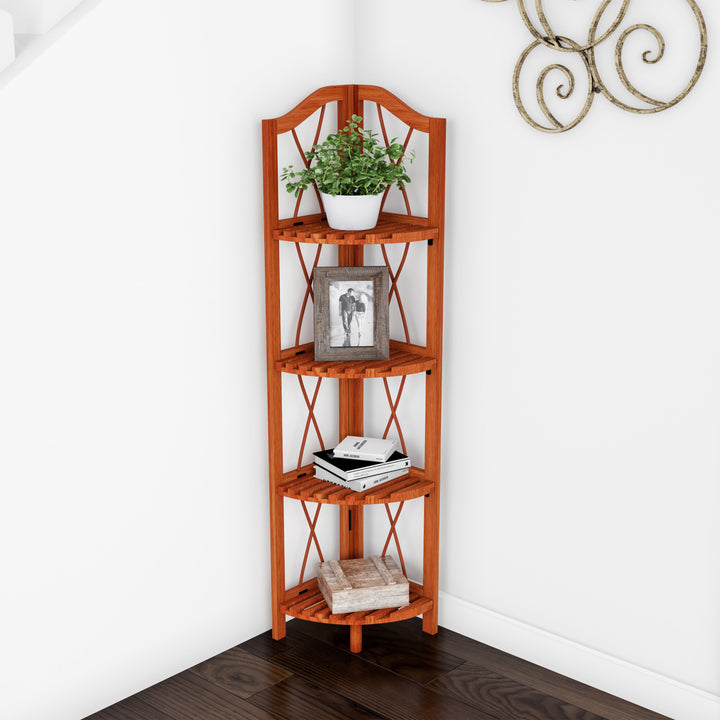 Folding Corner Shelf- 4 Tier Wooden Bookcase- For Display Shelving for Living Room, Bathroom, Kitchen or Office Image 1