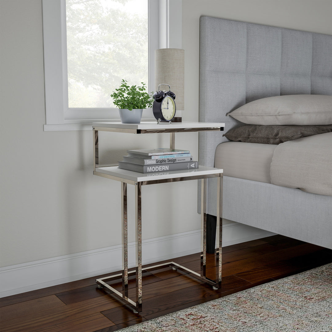 Two-Tier End Table- C Shaped Sofa Side Table with Two Shelves, Contemporary Style Chrome Metal Stand Image 1