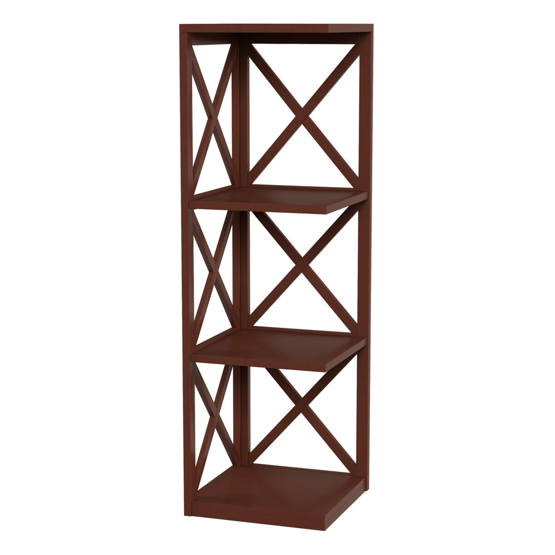 4-Shelf Corner Bookcase- Open Criss-Cross Style Etagere Shelving Unit for Decoration, Storage and Display Image 6