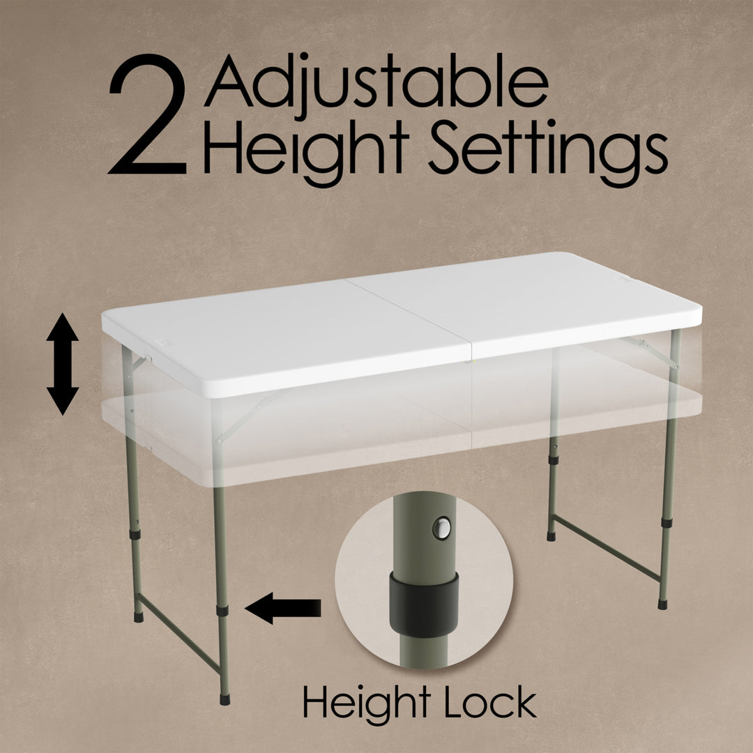 Folding Table with Easy Carry Handle 4 Foot Plastic Utility Tabletop-2 Height Settings, Folds in Half Image 3