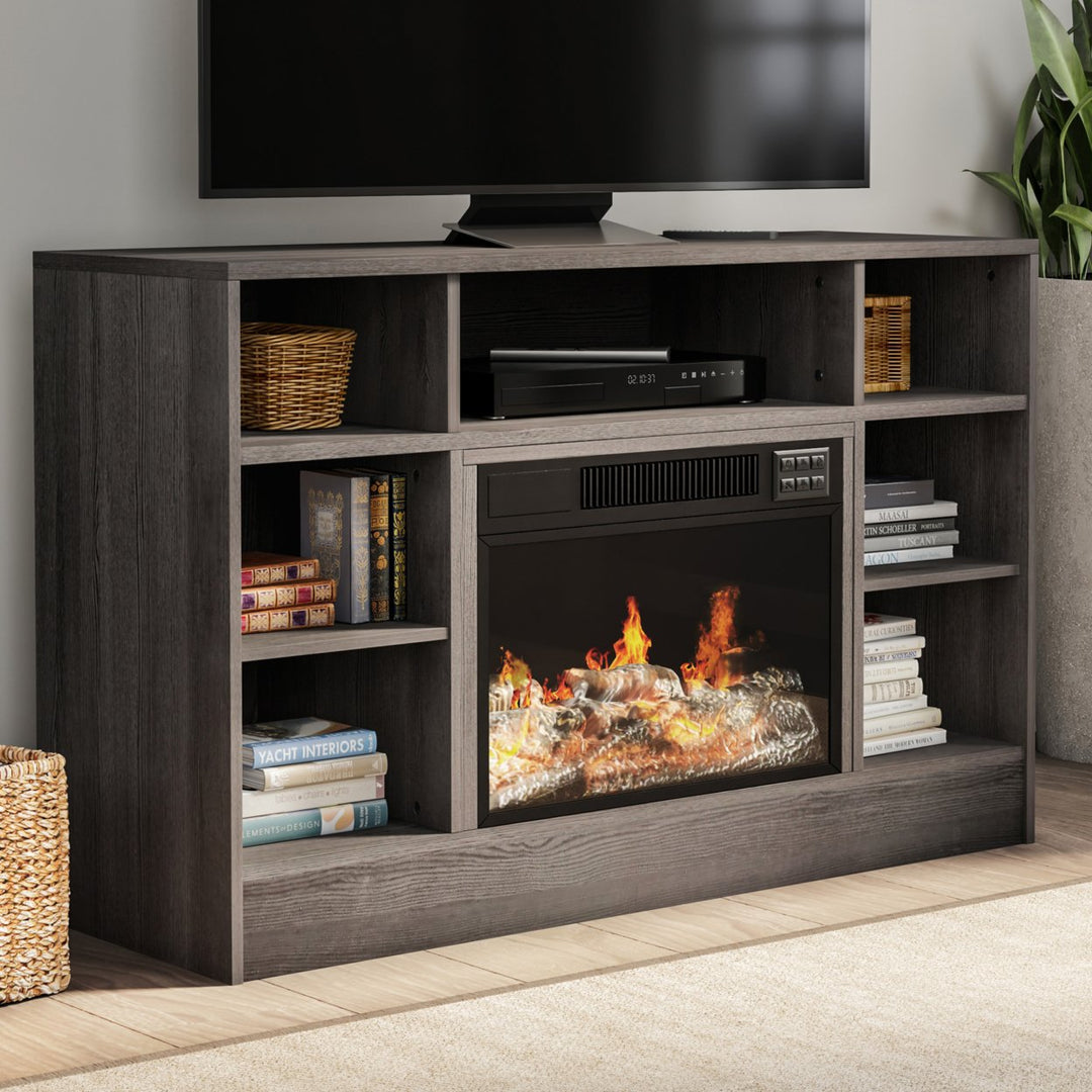 Electric Fireplace Gray TV Stand Console with Media Shelves, Remote Control, LED Flames, Adjustable Heat and Light Image 1