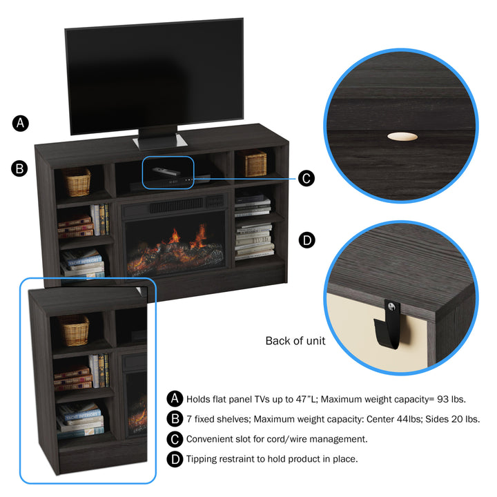 Electric Fireplace Gray TV Stand Console with Media Shelves, Remote Control, LED Flames, Adjustable Heat and Light Image 3