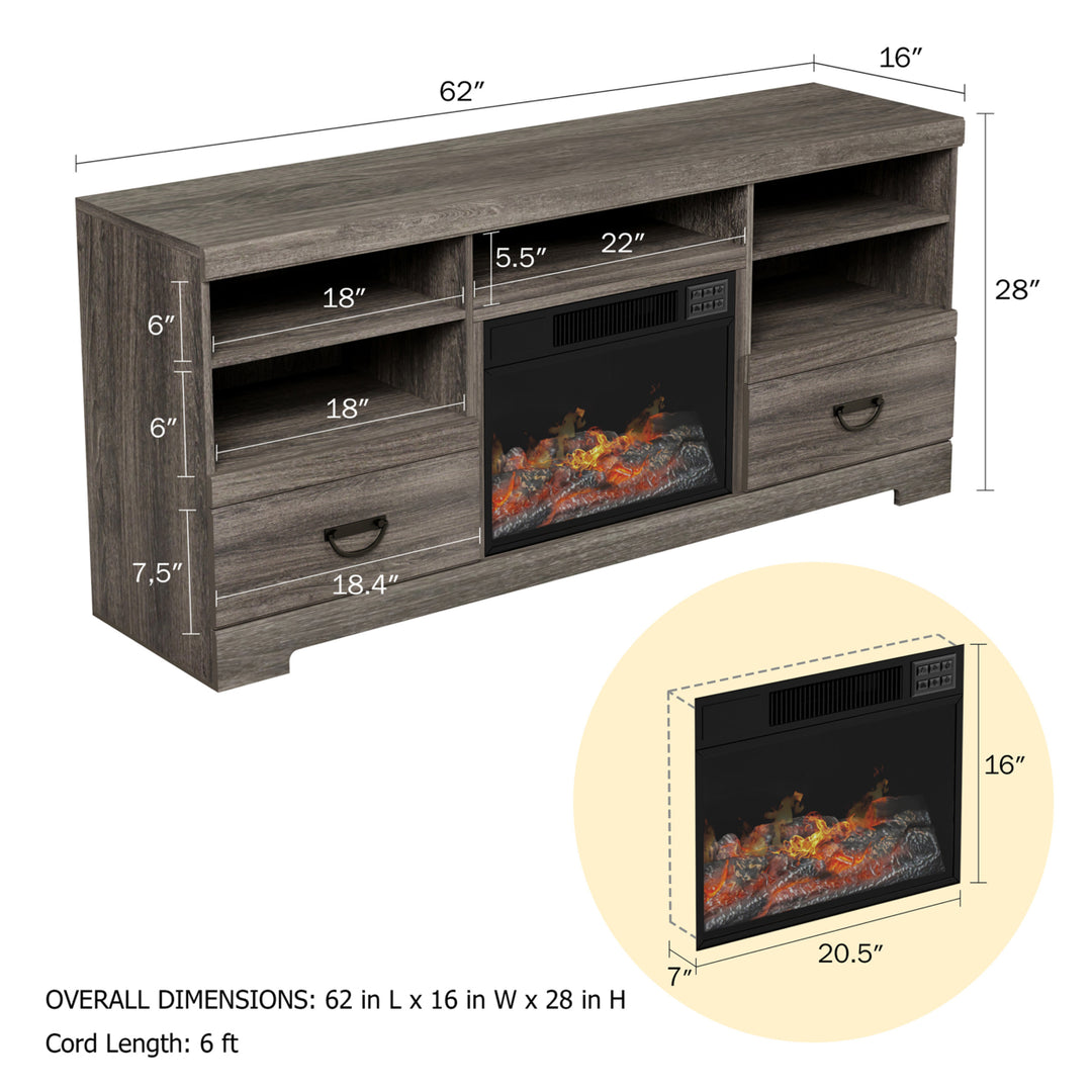 Electric Fireplace TV Console Media Shelves Two Drawers,Remote Control, LED Flames, Adjustable Heat and Light Image 2