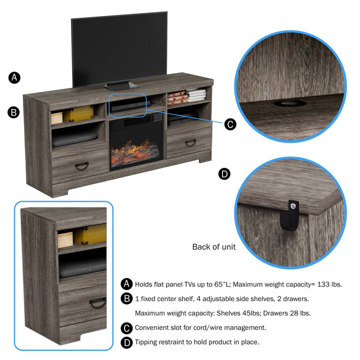 Electric Fireplace TV Console Media Shelves Two Drawers,Remote Control, LED Flames, Adjustable Heat and Light Image 3