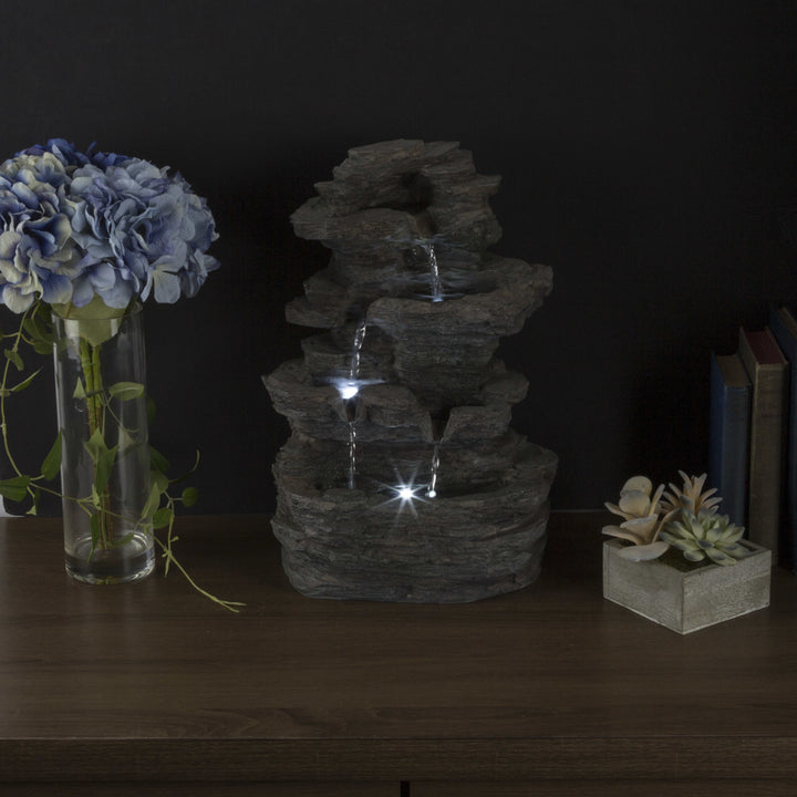 Tabletop Water Fountain with Cascading Rock Waterfall and LED Lights - Tiered Stone Table Fountain Image 2