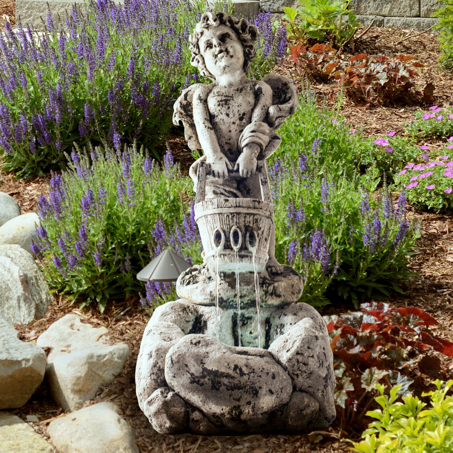 Outdoor Water Fountain with LED Lights Cherub Angel Antique Stone Design 24 inches Image 1