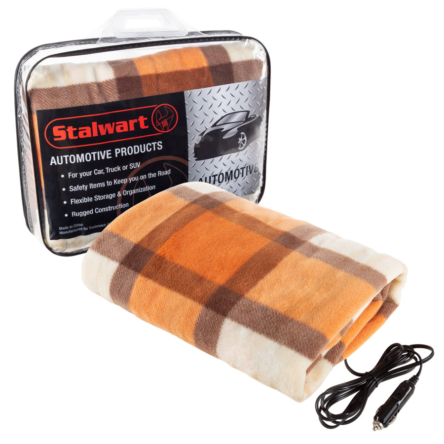 Electric Car Blanket- Heated 12V Polar Fleece Travel Throw for Car, Truck and RV-Great for Cold Weather Orange Plaid Image 1