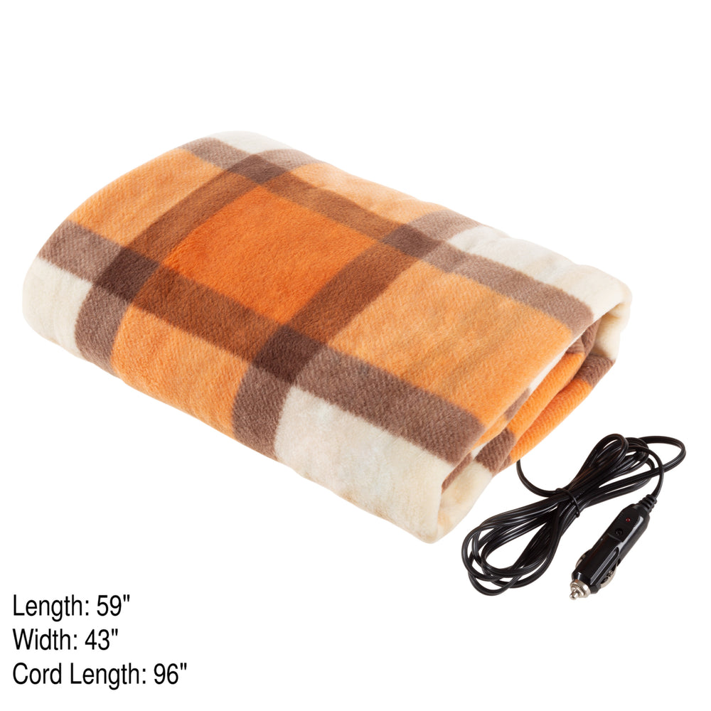 Electric Car Blanket- Heated 12V Polar Fleece Travel Throw for Car, Truck and RV-Great for Cold Weather Orange Plaid Image 2