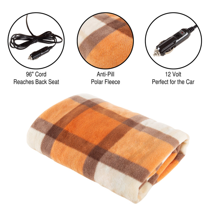 Electric Car Blanket- Heated 12V Polar Fleece Travel Throw for Car, Truck and RV-Great for Cold Weather Orange Plaid Image 3