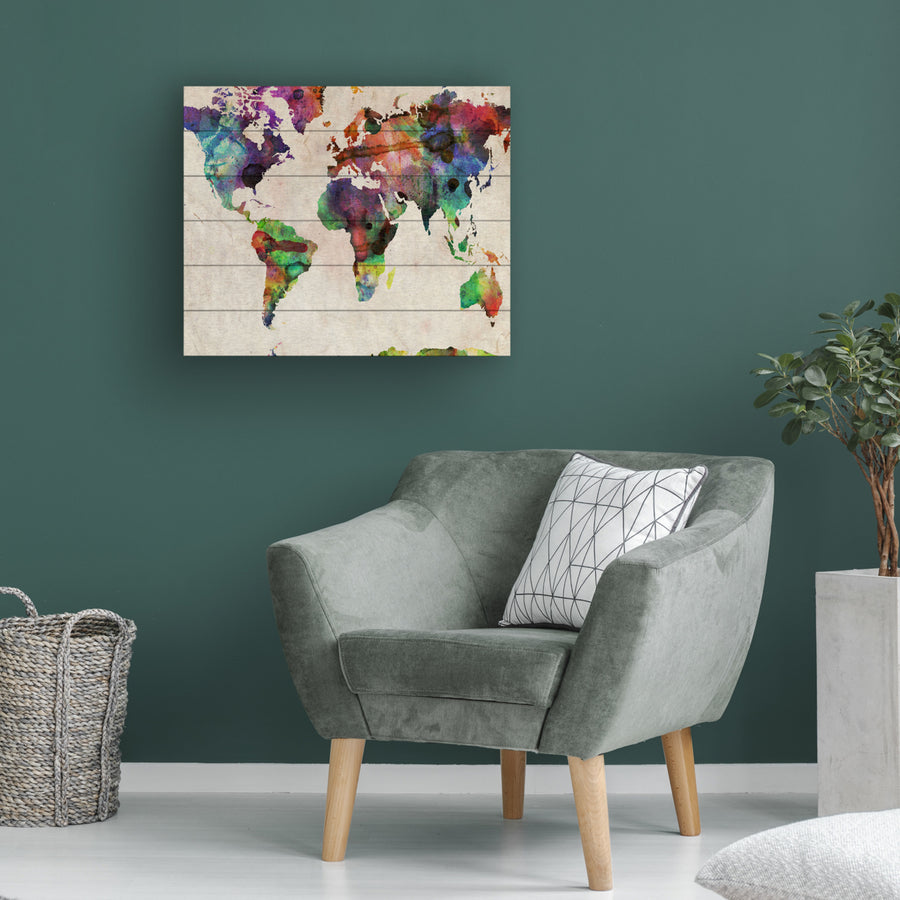 Wooden Slat Art 18 x 22 Inches Titled Urban Watercolor World Map Ready to Hang  Picture Image 1