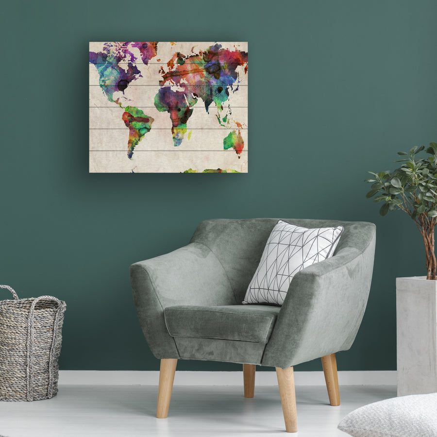 Wooden Slat Art 18 x 22 Inches Titled Urban Watercolor World Map Ready to Hang Picture Image 1