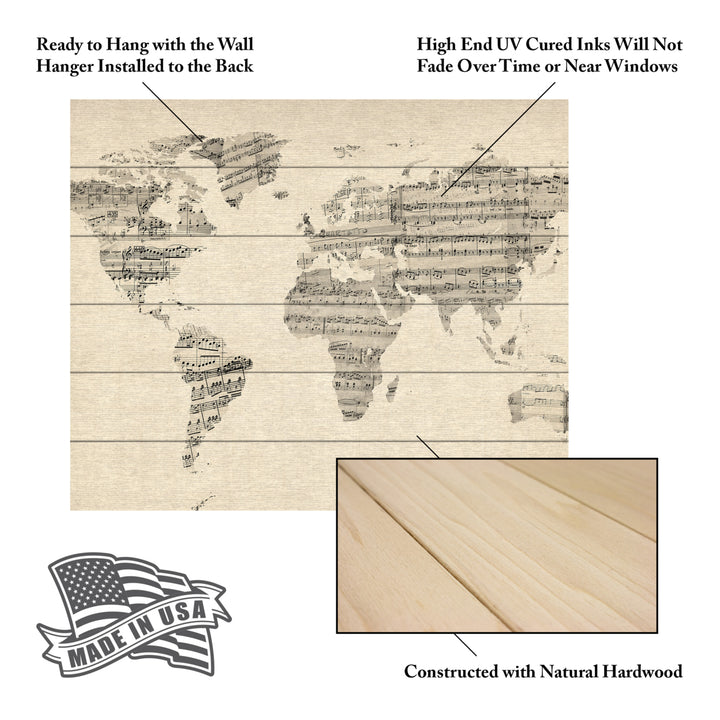 Wooden Slat Art 18 x 22 Inches Titled Old Sheet Music World Map Ready to Hang Picture Image 5