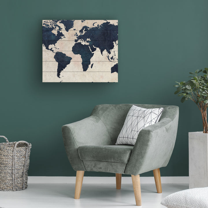 Wooden Slat Art 18 x 22 Inches Titled World Map -Navy Ready to Hang Picture Image 1