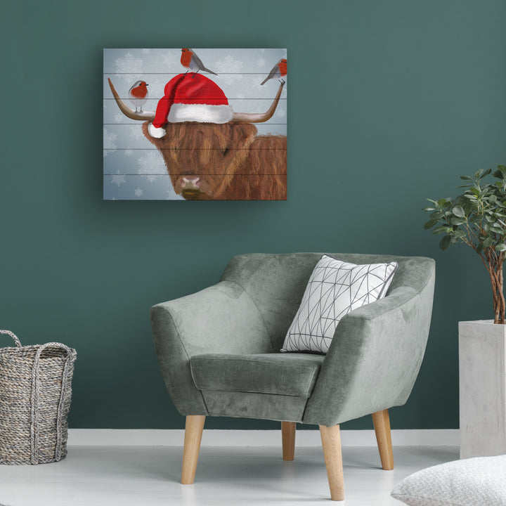 Wooden Slat Art 18 x 22 Inches Titled Highland Cow And Robins Ready to Hang  Picture Image 1