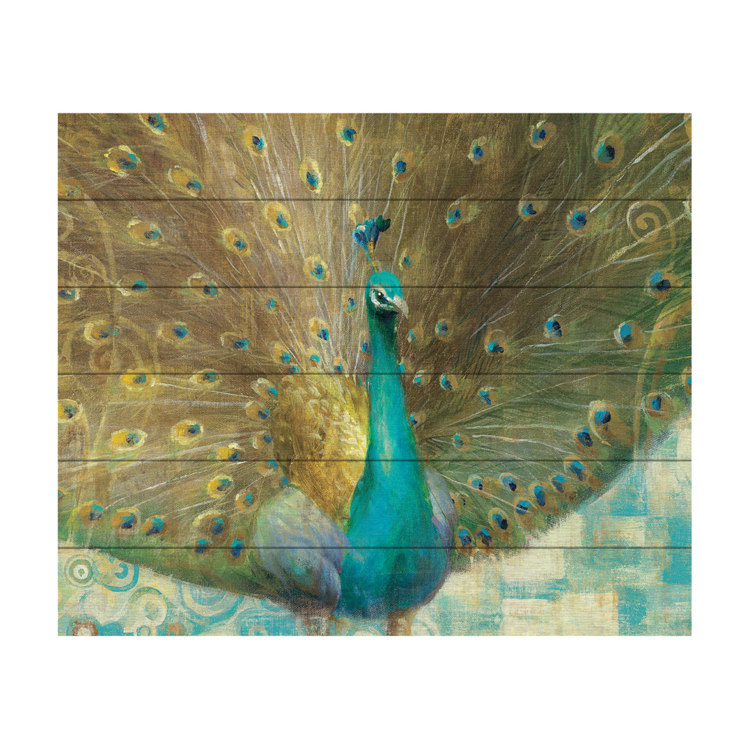 Wooden Slat Art 18 x 22 Inches Titled Teal Peacock on Gold Ready to Hang  Picture Image 2