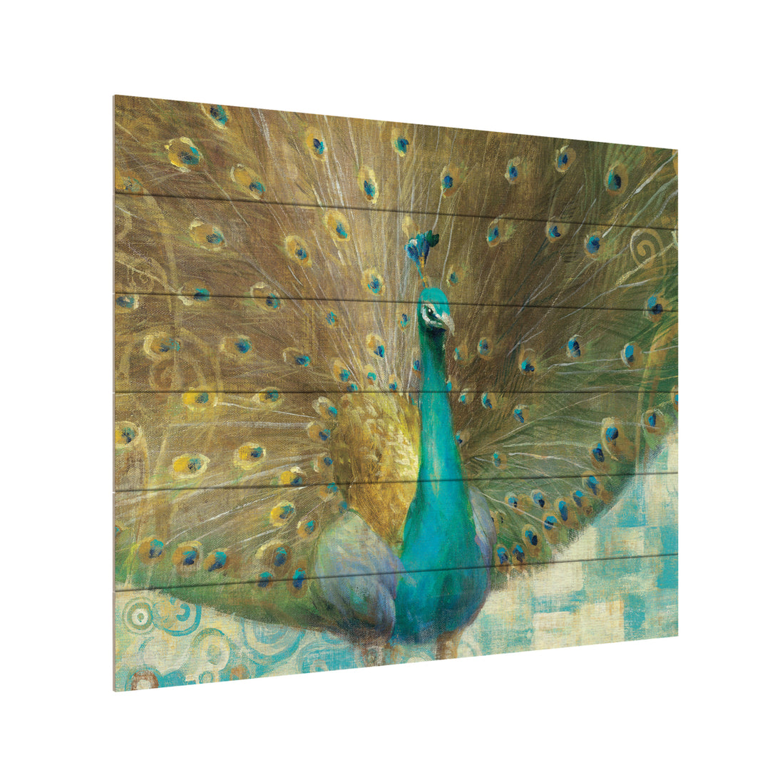 Wooden Slat Art 18 x 22 Inches Titled Teal Peacock on Gold Ready to Hang  Picture Image 3