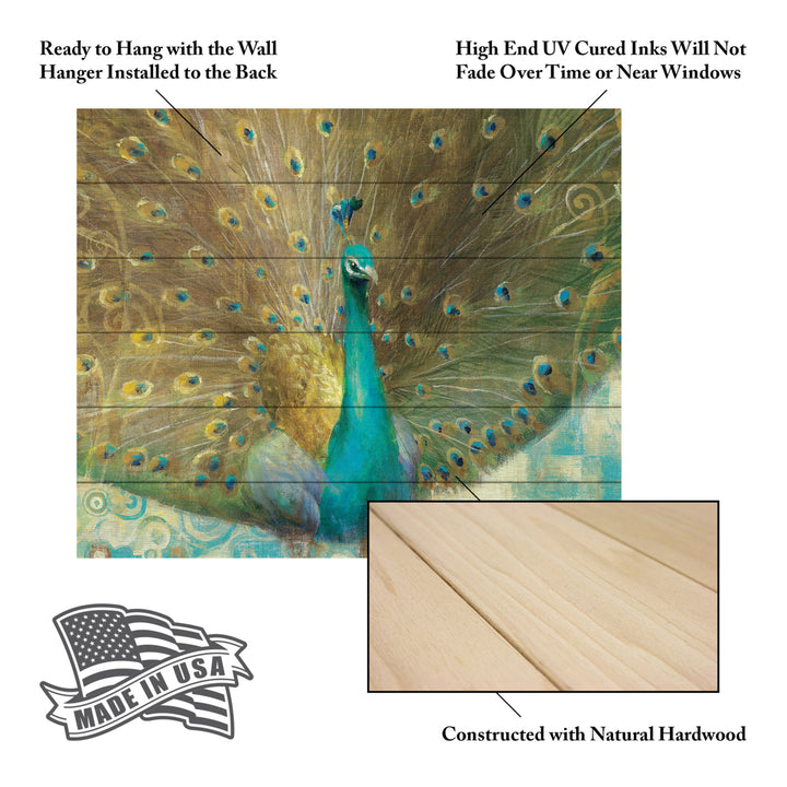 Wooden Slat Art 18 x 22 Inches Titled Teal Peacock on Gold Ready to Hang  Picture Image 5