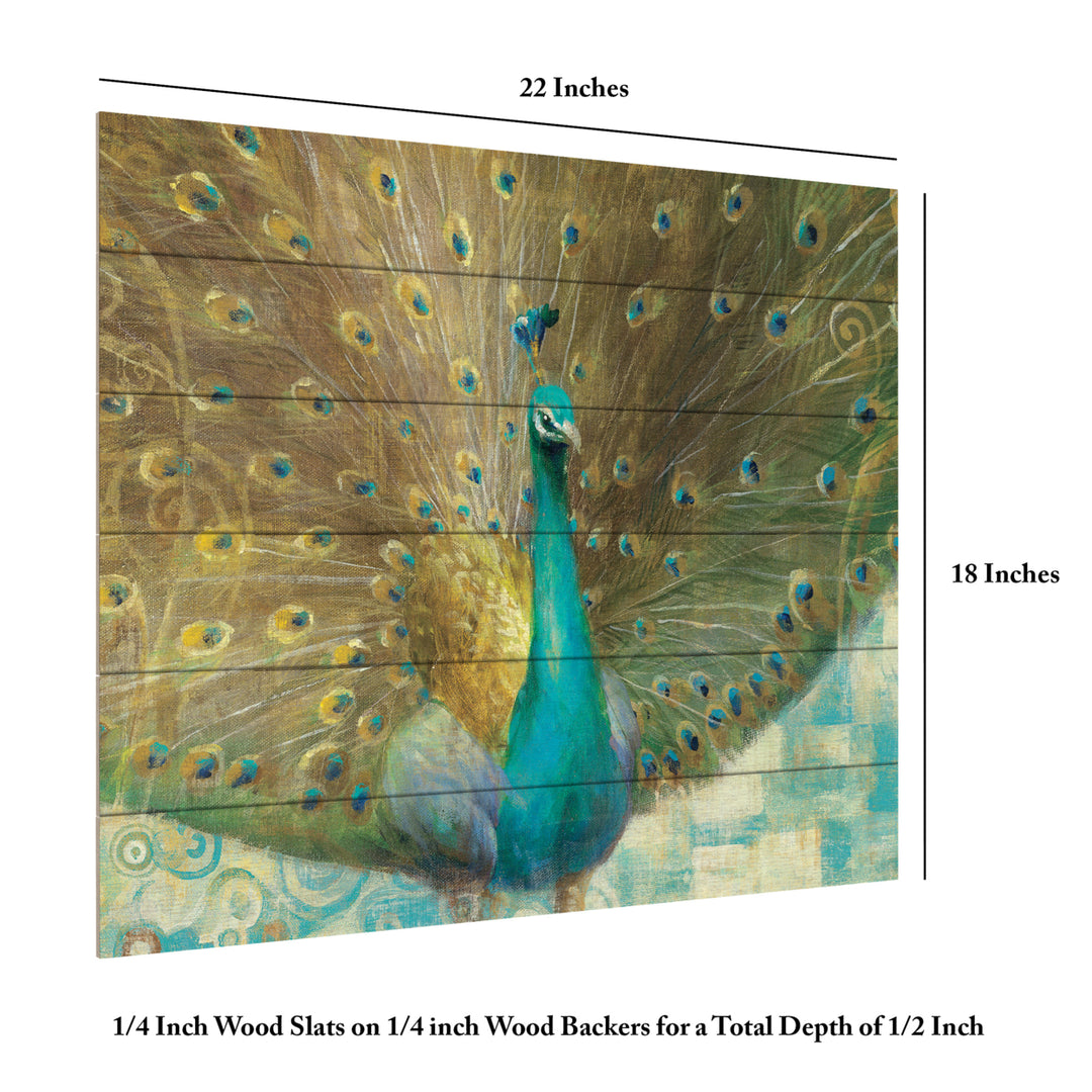 Wooden Slat Art 18 x 22 Inches Titled Teal Peacock on Gold Ready to Hang  Picture Image 6
